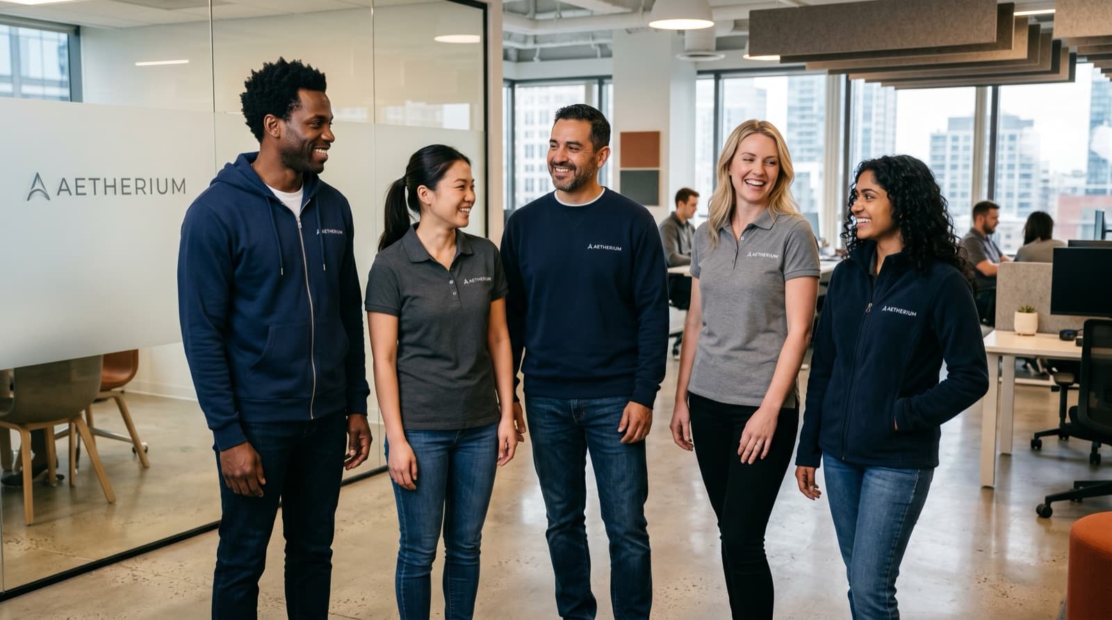 Corporate office team wearing branded merchandise