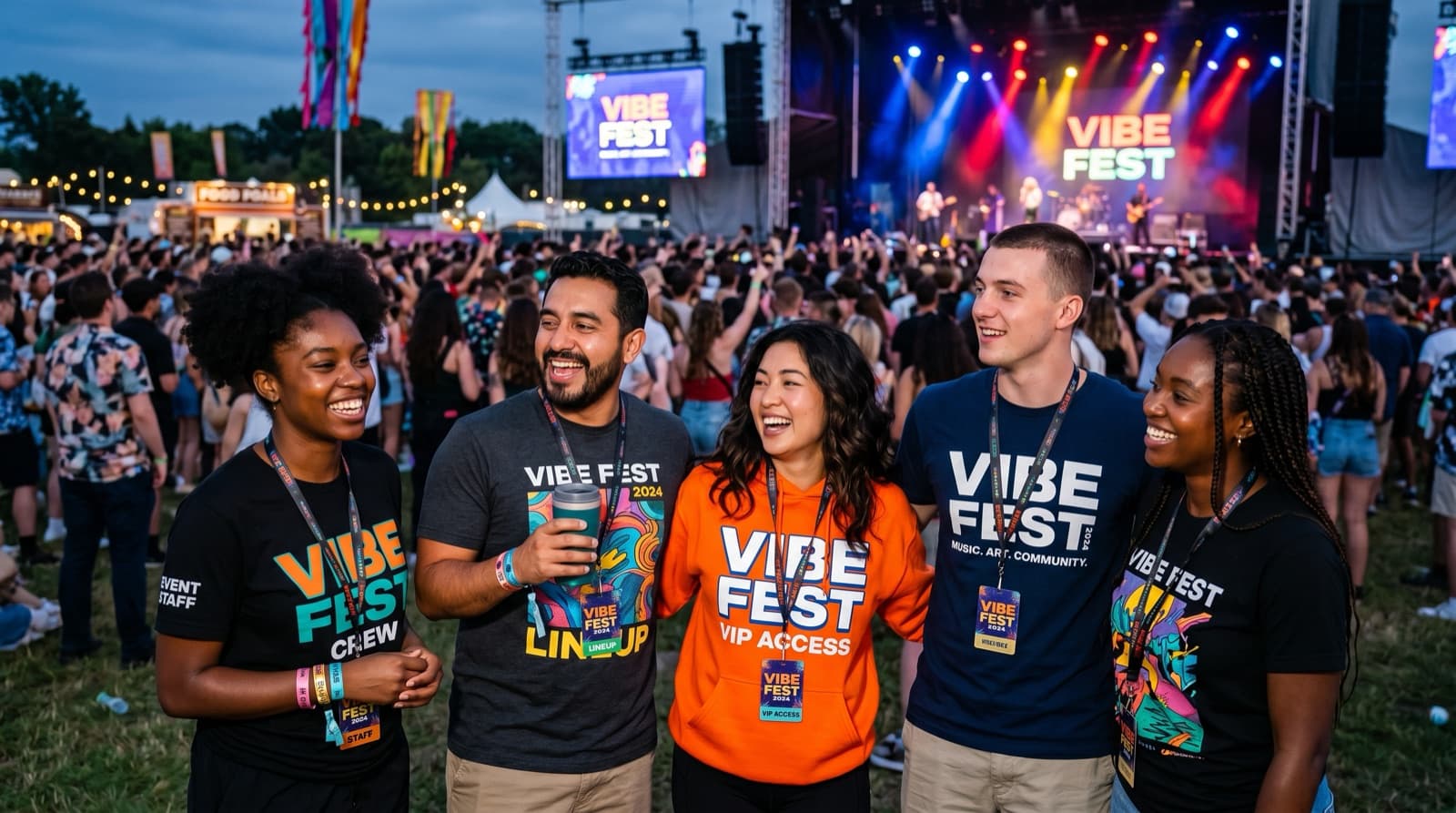 Festival and event crowd wearing branded merchandise
