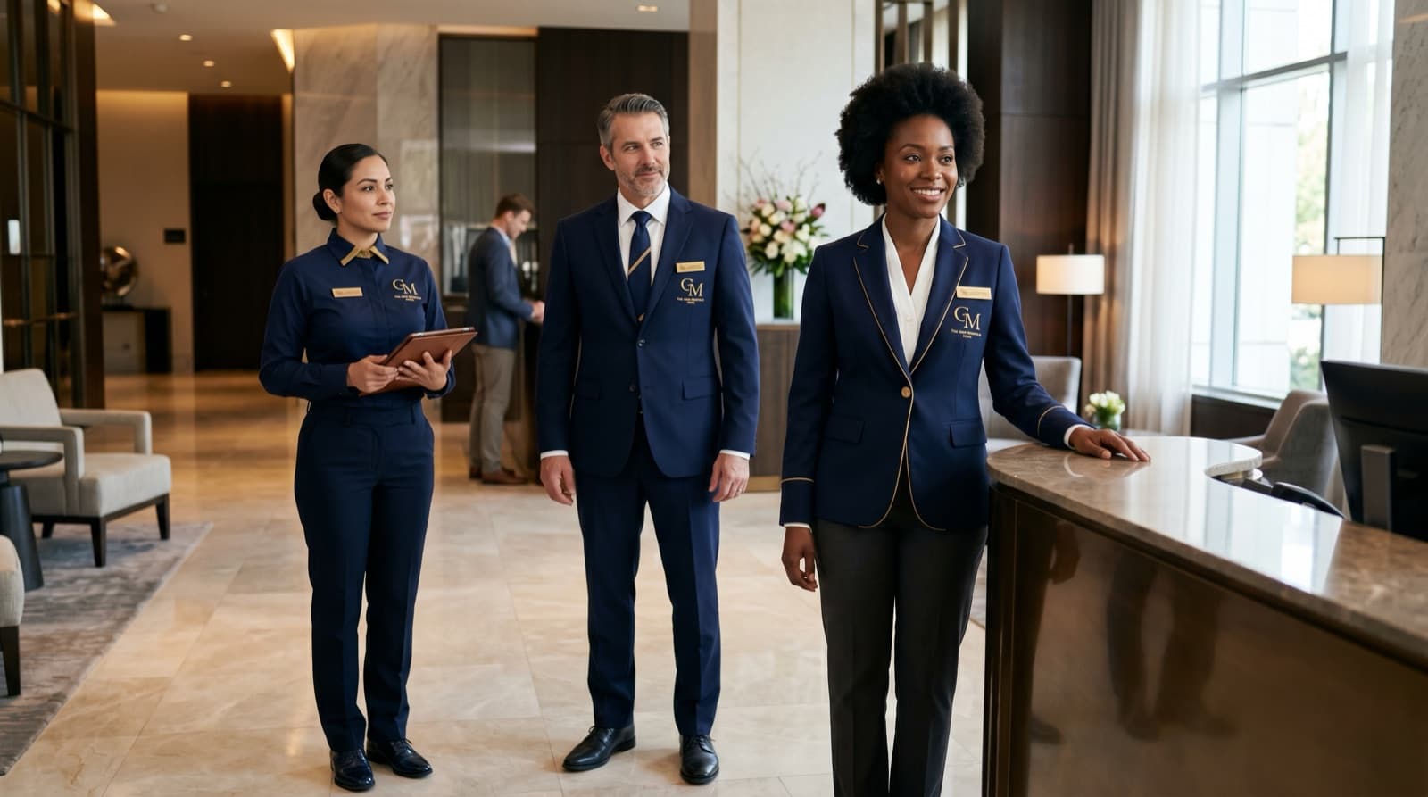 Professional hotel staff in premium uniforms