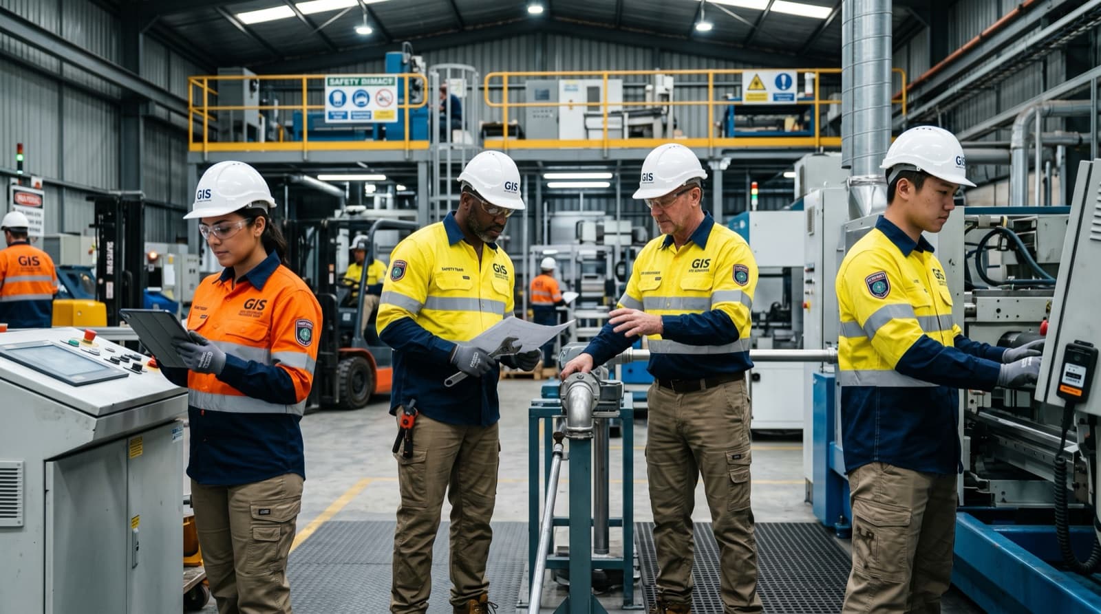 Industrial workers wearing branded workwear