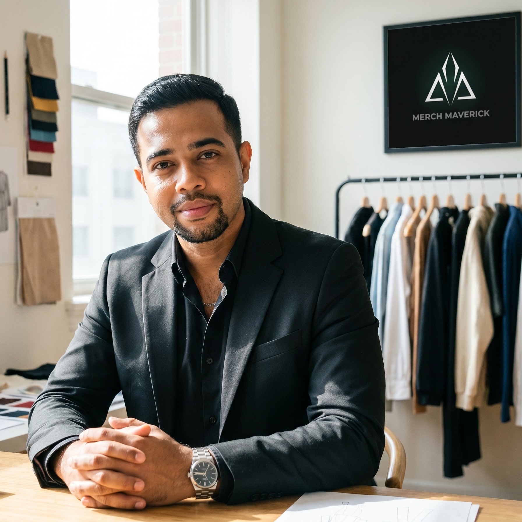 Founder of Merch Maverick in a garment design studio
